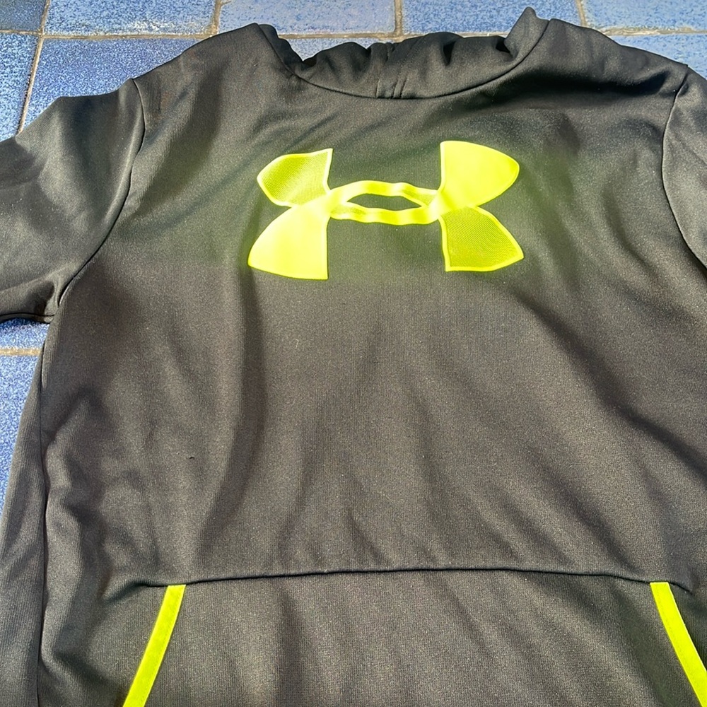 Youth XL black and neon green under armour hooded sweatshirt
